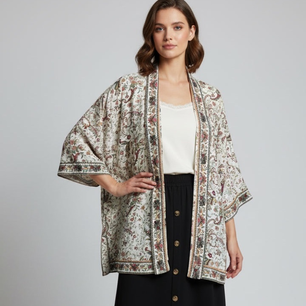 Max Studio Cream Paisley Open Kimono with Multi-Color Accents